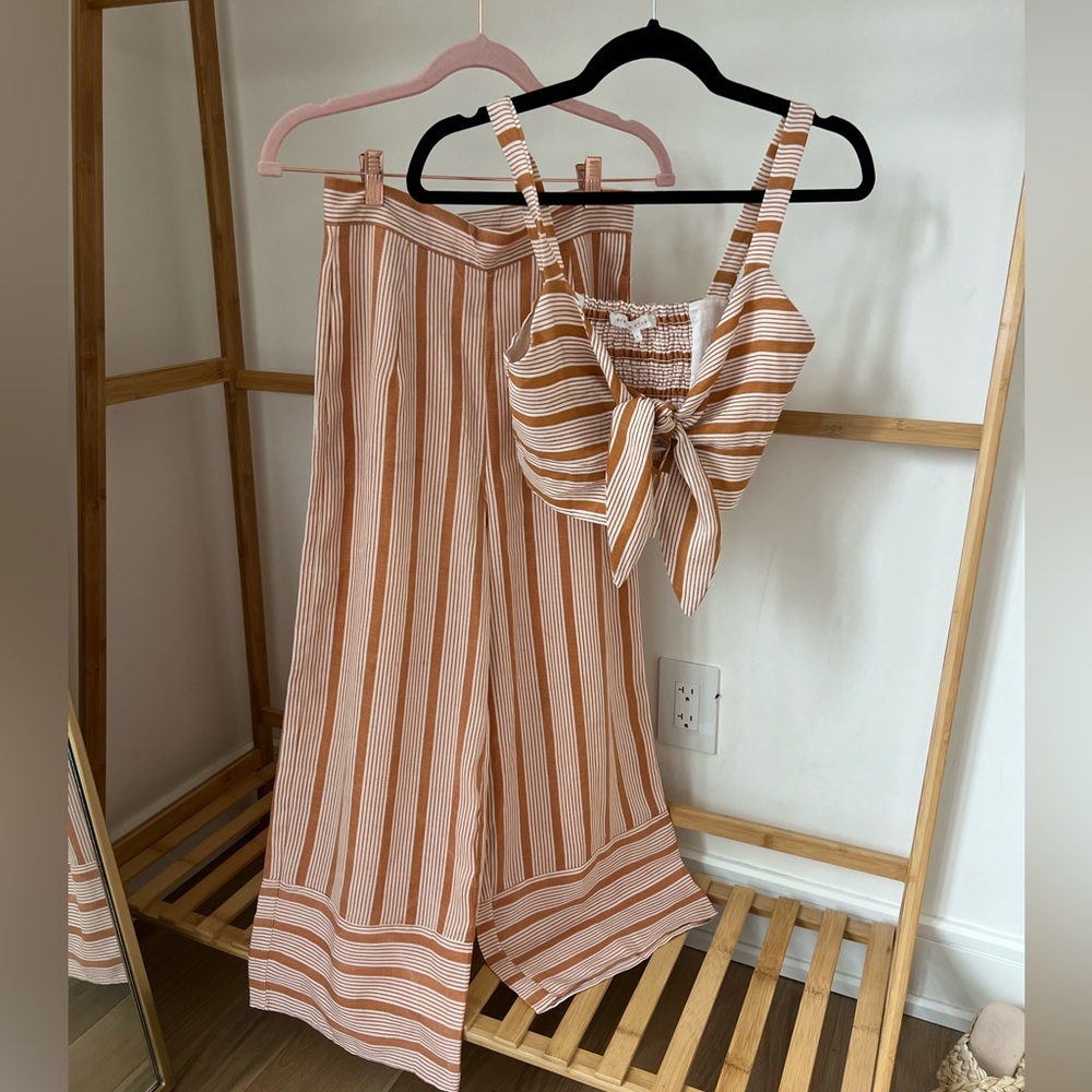 Two piece matching set stripe wide leg pants and crop tank with tie adjustable